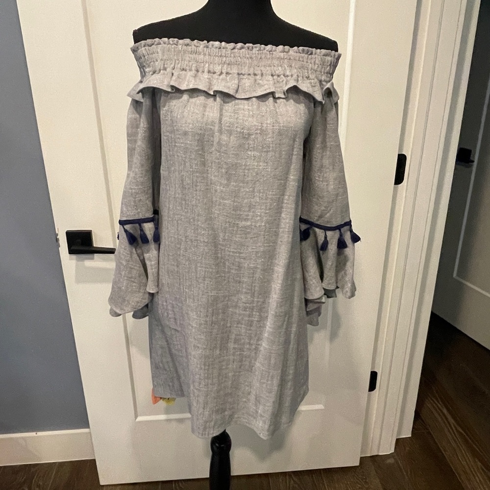 Blue linen like dress can be worn off shoulder or on shoulders